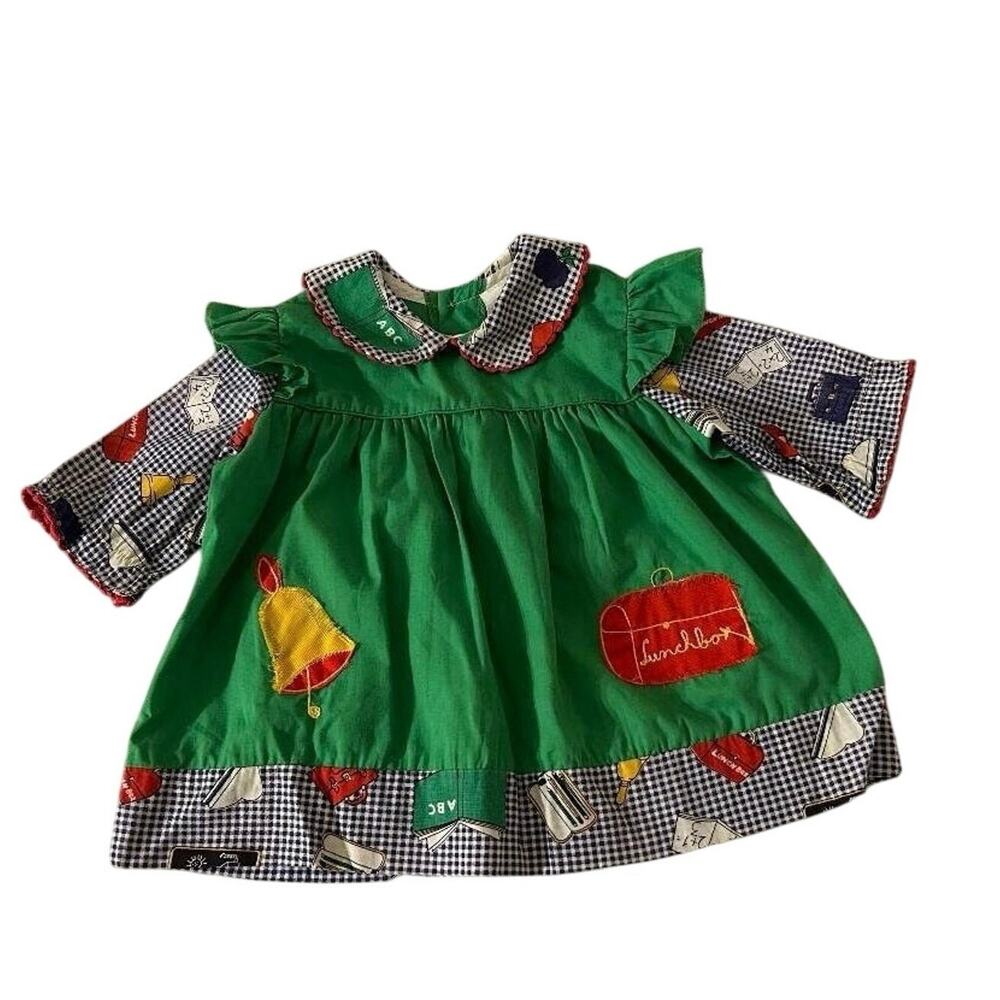 Vtg 2T Girl Prairie Western School Pattern Dress Green Blue Wht Check 70’s/80’s